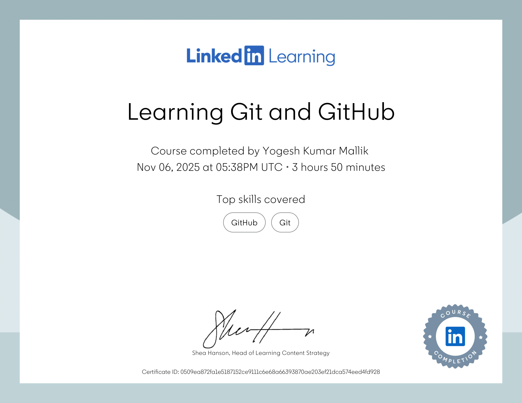 LinkedIn Learning Git and GitHub Certificate